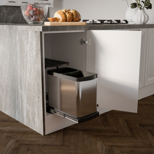 Bac à recyclage pour montage inférieur et extraction manuelle/automatique dans les éléments de cuisine -  Inox 2x12 litres plast - EMUCA