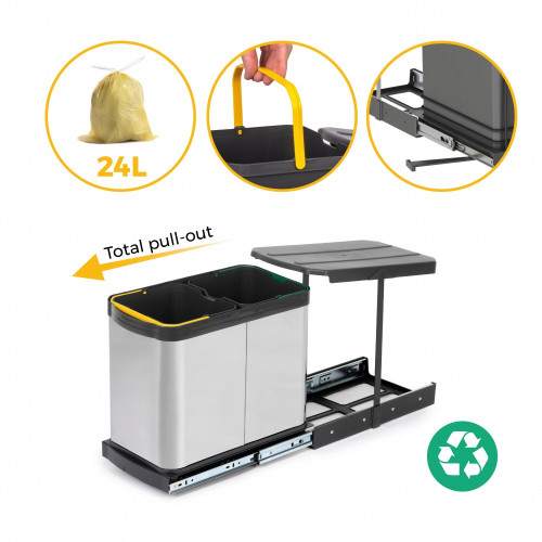Bac à recyclage pour montage inférieur et extraction manuelle/automatique dans les éléments de cuisine -  Inox 2x12 litres plast - EMUCA