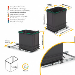 poubelle de recyclage pour montage inférieur et extraction manuelle pour meuble de cuisine Recycle 1x35 litres - Plastique gris - EMUCA