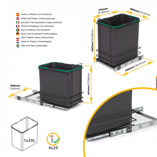 poubelle de recyclage pour montage inférieur et extraction manuelle pour meuble de cuisine Recycle 1x35 litres -  Plastique gris - EMUCA