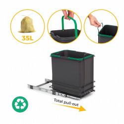 poubelle de recyclage pour montage inférieur et extraction manuelle pour meuble de cuisine Recycle 1x35 litres - Plastique gris - EMUCA
