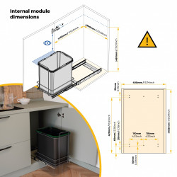 poubelle de recyclage pour montage inférieur et extraction manuelle pour meuble de cuisine Recycle 1x35 litres - Plastique gris - EMUCA