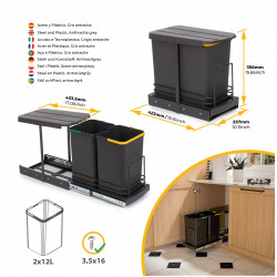 poubelle de recyclage pour montage inférieur et extraction manuelle/automatique pour meuble de cuisine Recycle 2x12litres -  Pla - EMUCA