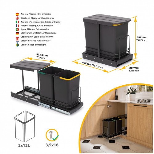 poubelle de recyclage pour montage inférieur et extraction manuelle/automatique pour meuble de cuisine Recycle 2x12litres -  Pla - EMUCA