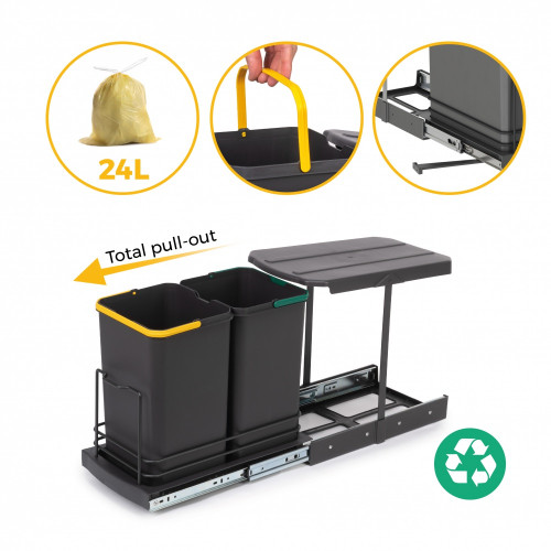 poubelle de recyclage pour montage inférieur et extraction manuelle/automatique pour meuble de cuisine Recycle 2x12litres -  Pla - EMUCA