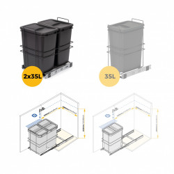 poubelle de recyclage pour montage inférieur et extraction manuelle pour meuble de cuisine Recycle 2x35litres - Plastique gris - EMUCA