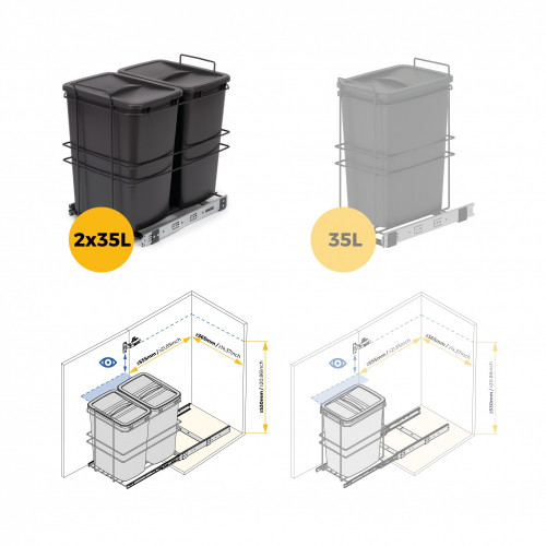 poubelle de recyclage pour montage inférieur et extraction manuelle pour meuble de cuisine Recycle 2x35litres -  Plastique gris  - EMUCA