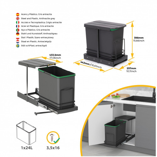 Poubelle de recyclage Recycle pour cuisine -  24 L -  fixation au fond et extraction manuelle/automatique -  Plastique gris antr - EMUCA