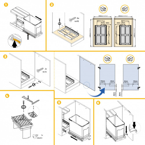 Poubelle de recyclage Recycle pour cuisine -  24 L -  fixation au fond et extraction manuelle/automatique -  Plastique gris antr - EMUCA
