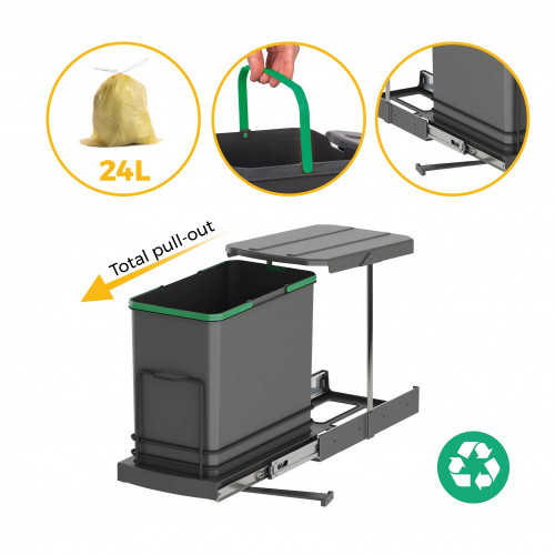 Poubelle de recyclage Recycle pour cuisine -  24 L -  fixation au fond et extraction manuelle/automatique -  Plastique gris antr - EMUCA