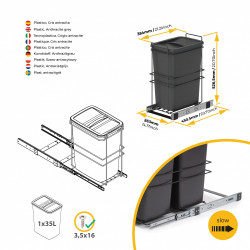 Poubelle de recyclage Recycle pour cuisine - 35 L - fixation par le bas et extraction manuelle - Plastique gris antracite - EMUCA