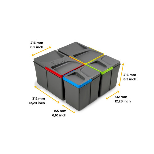 Poubelles pour tiroir de cuisine Recycle avec couvercle anti-odeurs -  Hauteur 216mm -  2x12litres -  2x6litres -  Plastique gri - EMUCA