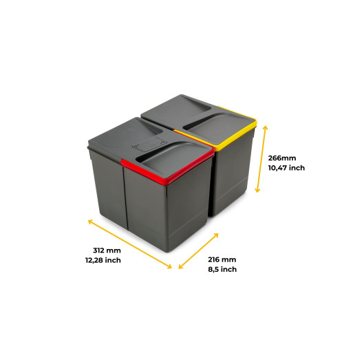 Poubelles pour tiroir de cuisine Recycle avec couvercle anti-odeurs -  Hauteur 266 -  2x15litres -  Plastique gris antracite - EMUCA