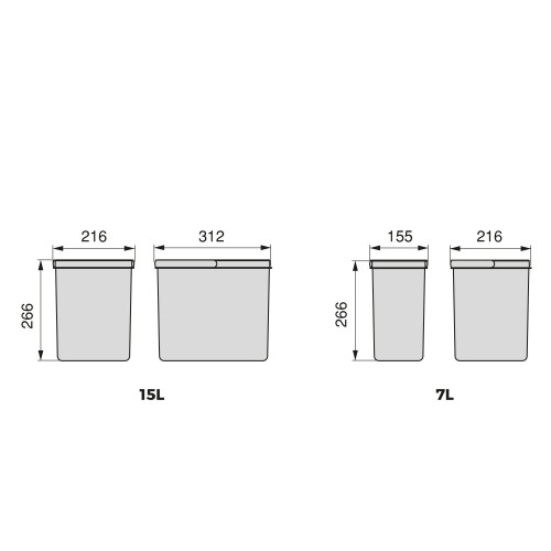 Poubelles pour tiroir de cuisine Recycle avec couvercle anti-odeurs -  Hauteur 266 -  1x15litres -  2x7litres -  Plastique gris  - EMUCA