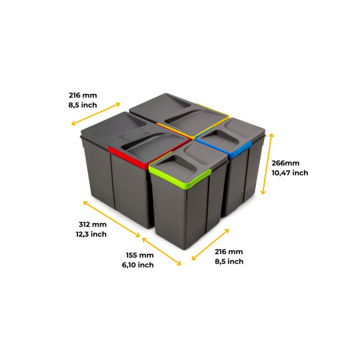 Poubelles pour tiroir de cuisine Recycle avec couvercle anti-odeurs -  Hauteur 266 -  2x15litres -  2x7litres -  Plastique gris  - EMUCA
