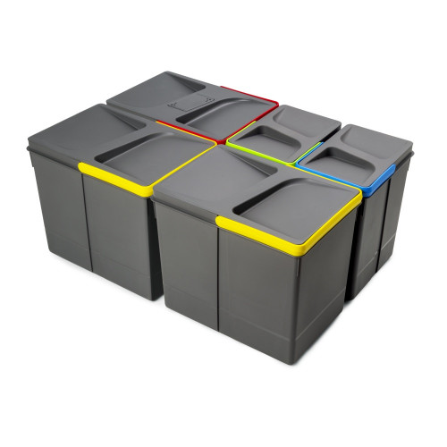 Poubelles pour tiroir de cuisine Recycle avec couvercle anti-odeurs -  Hauteur 266 -  3x15litres -  2x7litres -  Plastique gris  - EMUCA