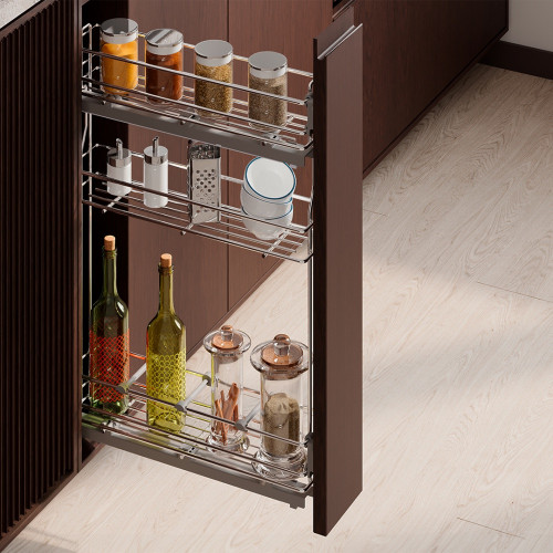 porte-bouteilles extractible SupraMax avec fermeture à amortie -  gauche -  3 plateaux -  module 150mm -  Acier -  Chromé - EMUCA