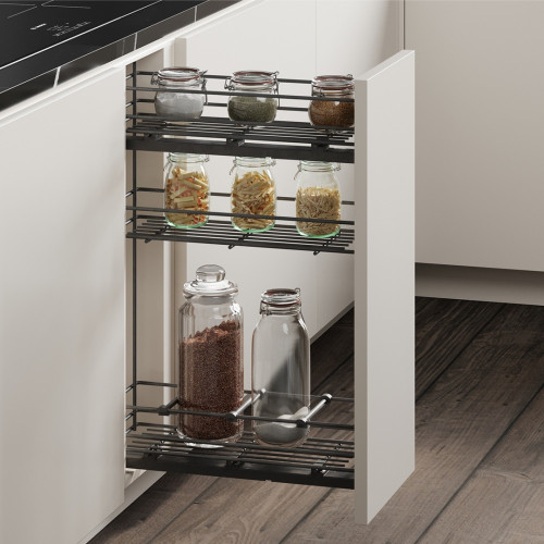 porte-bouteilles extractible TitaneMax avec fermeture à amortie -  gauche -  3 plateaux -  module 200mm -  Acier -  Gris Anthrac - EMUCA