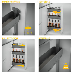 Porte-bouteilles latéral extractible Harmony avec fermeture amortie -  Module largeur 150mm hauteur 800mm -  Acier et Bois -  Gr - EMUCA