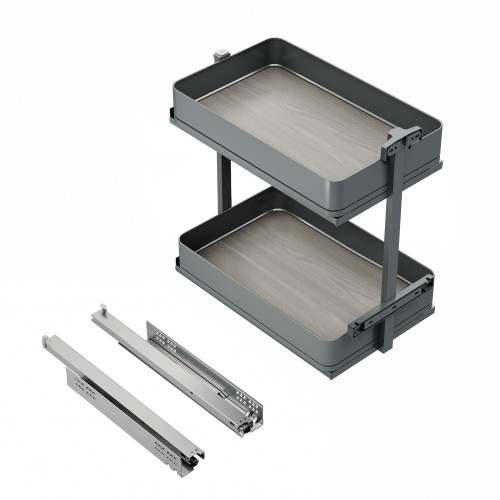 Chariot extractible Harmony avec fermeture à amortie -  Module largeur 300mm hauteur 700mm -  Acier et Bois -  Gris anthracite - EMUCA