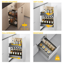 Chariot extractible Harmony avec fermeture à amortie -  Module largeur 300mm hauteur 700mm -  Acier et Bois -  Gris anthracite - EMUCA