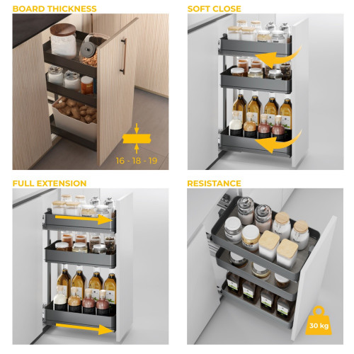 Chariot extractible Harmony avec fermeture à amortie -  Module largeur 300mm hauteur 800mm -  Acier et Bois -  Gris anthracite - EMUCA