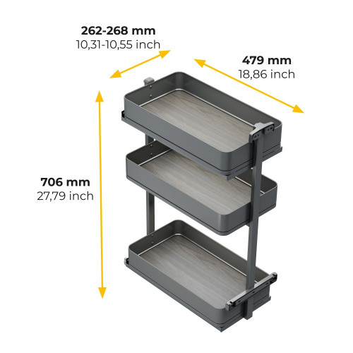 Chariot extractible Harmony avec fermeture à amortie -  Module largeur 300mm hauteur 800mm -  Acier et Bois -  Gris anthracite - EMUCA