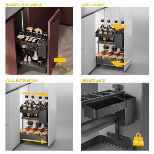 Chariot extractible avec paniers et accessoires Harmony avec fermeture à amortie -  Module largeur 400mm hauteur 700mm -  Acier  - EMUCA