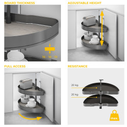 Jeu de plateaux tournants Harmony 1/2 lune - Module largeur 800mm - Hauteur réglable - Acier et Bois - Gris anthracite - EMUCA