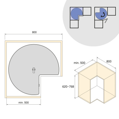 Jeux de plateaux tournants Harmony 3/4 -  Module largeur 800mm -  Hauteur réglable -  Acier et Bois -  Gris anthracite - EMUCA