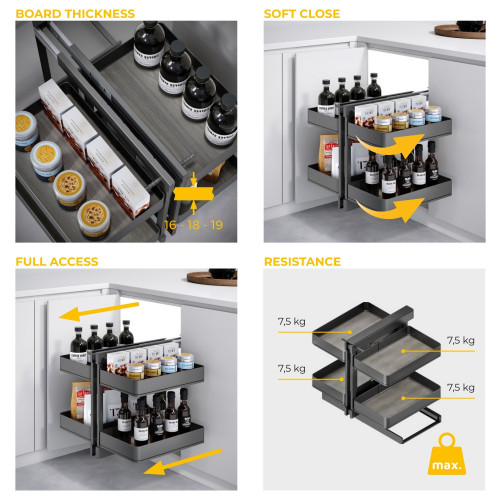 Meuble d'angle articulé Harmony pour les meubles de cuisine -  Droite/Gauche -  Acier et Bois -  Gris anthracite - EMUCA