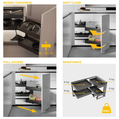 Accessoire extractible Harmony pour meuble de cuisine -  Droite -  Acier et Bois -  Gris anthracite - EMUCA