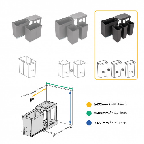 Poubelles de recyclage pour la cuisine -  3 x 10L -  fixation inférieure et extraction automatique -  Acier et Plastique -  Gris - EMUCA