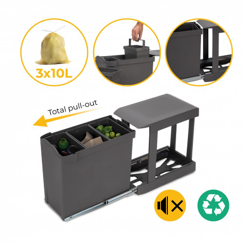 Poubelles de recyclage pour la cuisine -  3 x 10L -  fixation inférieure et extraction automatique -  Acier et Plastique -  Gris - EMUCA