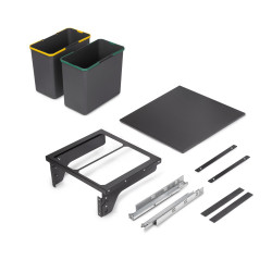 Bac de tri sélectif pour montage latéral sur meuble de cuisine Recycle 2x24litres - Acier - Plastique gris anthracite - EMUCA