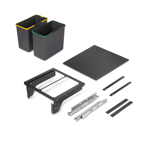 Bac de tri sélectif pour montage latéral sur meuble de cuisine Recycle 2x24litres -  Acier -  Plastique gris anthracite - EMUCA