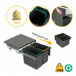Bac de tri sélectif pour montage latéral sur meuble de cuisine Recycle 2x24litres - Acier - Plastique gris anthracite - EMUCA