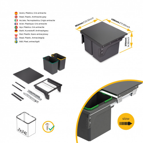 Bac de tri sélectif pour montage latéral sur meuble de cuisine Recycle 2x24litres -  Acier -  Plastique gris anthracite - EMUCA