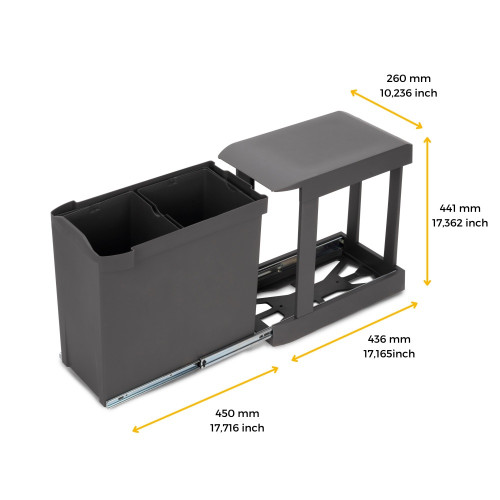 Poubelles de recyclage pour la cuisine -  2 x 14L -  fixation inférieure et extraction automatique -  Acier et Plastique -  Gris - EMUCA