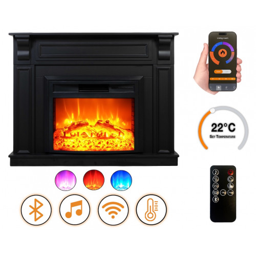 Cheminée électrique - Mykonos - 1800 W avec effet flamme réaliste, chauffage 17 à 27 °C - Bluetooth Wi-Fi - noire - DLC Home