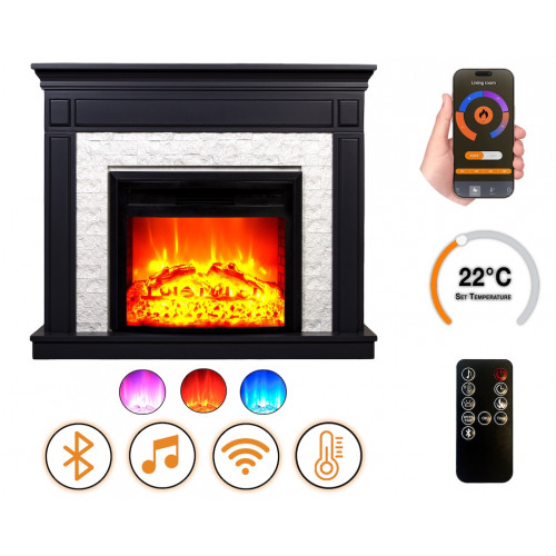 Cheminée électrique - Morella - 1800 W - effet flamme réaliste, chauffage 17 à 27 °C - Bluetooth Wi-Fi - noire blanche - DLC Home
