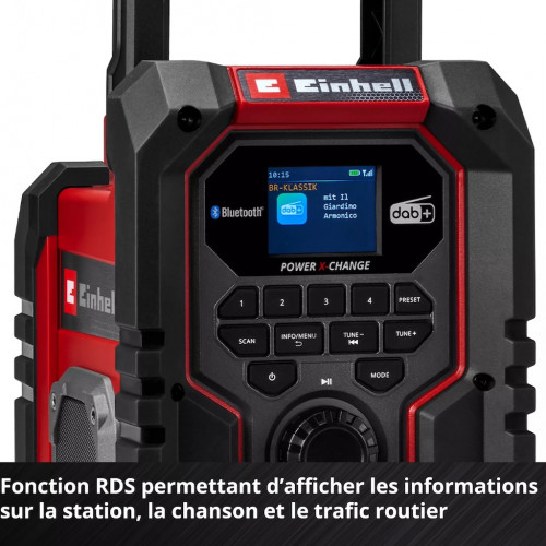 Radio de chantier sans fil – DAB+ / FM / Bluetooth – 2 haut-parleurs stéréo – Écran TFT couleur – Alimentation sur batterie ou s - EINHELL 