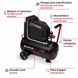 Compresseur d’air – TC-AC 190/24/8 I OF – 1100 W – Cuve 24 L – 8 bar – Moteur à induction – Pompe sans lubrification RECONDITION - EINHELL 