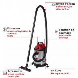 Aspirateur eau et poussières inox – TC-VC 2045 S – 900 W – Cuve 20 L – Fonction soufflage RECONDITIONNE - EINHELL 