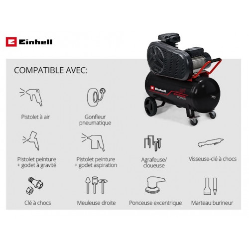 Compresseur 90 L – TE-AC 430/90/10 – 10 bar - 4 cylindres - 3000 W - entraînement par courroie - moteur à induction - EINHELL 