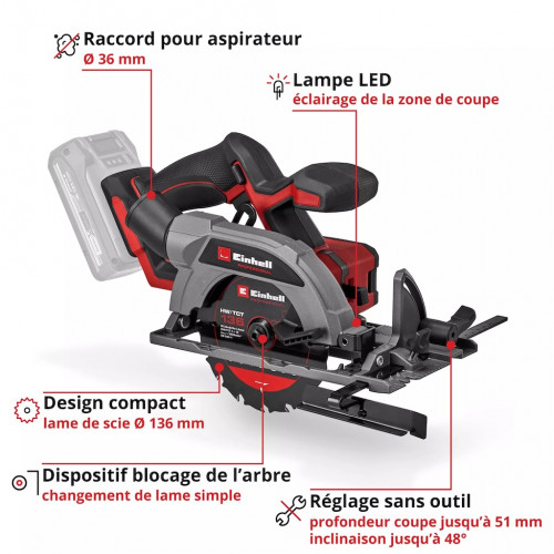 Scie circulaire portative sans fil - TP-CS 18/136-C Li BL-Solo - Ø 136 mm - Profondeur de coupe 51 mm - Brushless - EINHELL 