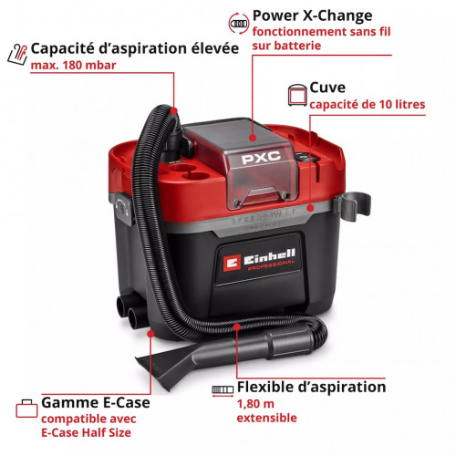 Aspirateur eaux et poussières sans fil - TP-VC 18/10 Li BL L-Solo - Cuve 10 L - 180 mbar - Brushless - EINHELL 