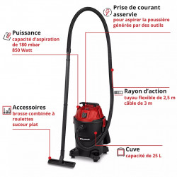 Aspirateur eaux et poussières – TC-VC 2555 A – Cuve plastique 25 L – 850 W – Prise asservie - EINHELL 