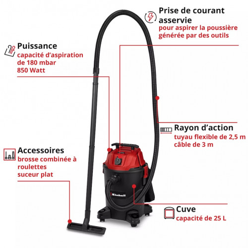 Aspirateur eaux et poussières – TC-VC 2555 A – Cuve plastique 25 L – 850 W – Prise asservie - EINHELL 
