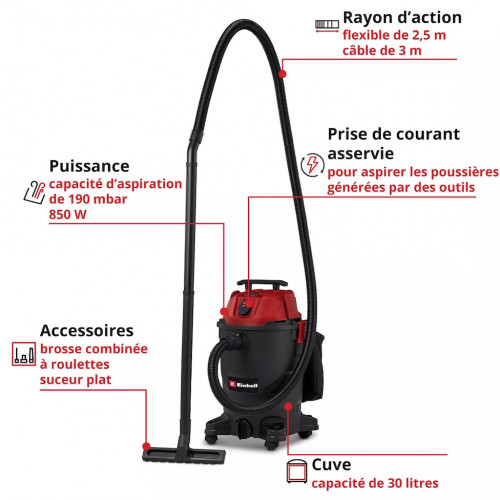 Aspirateur eaux et poussières - TC-VC 3055 A - Cuve plastique 30 L - 850 W - Prise asservie - EINHELL 
